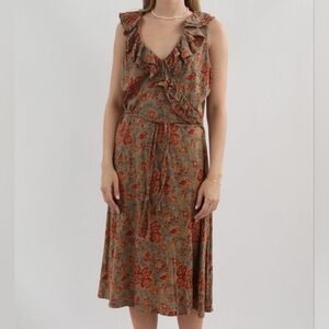 LRL Jeans Vintage Brown Cotton Ruffle Sleeveless Floral Midi Dress Size Small